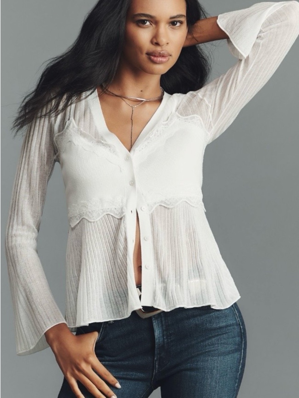 Anthropologie White Sheer Button-Down Lace-Trim Top